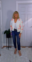 Rose Cardigan – Chunky White Knit with 3D Embroidered Roses, One Size