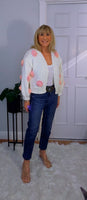 Rose Cardigan – Chunky White Knit with 3D Embroidered Roses, One Size