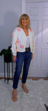 Rose Cardigan – Chunky White Knit with 3D Embroidered Roses, One Size