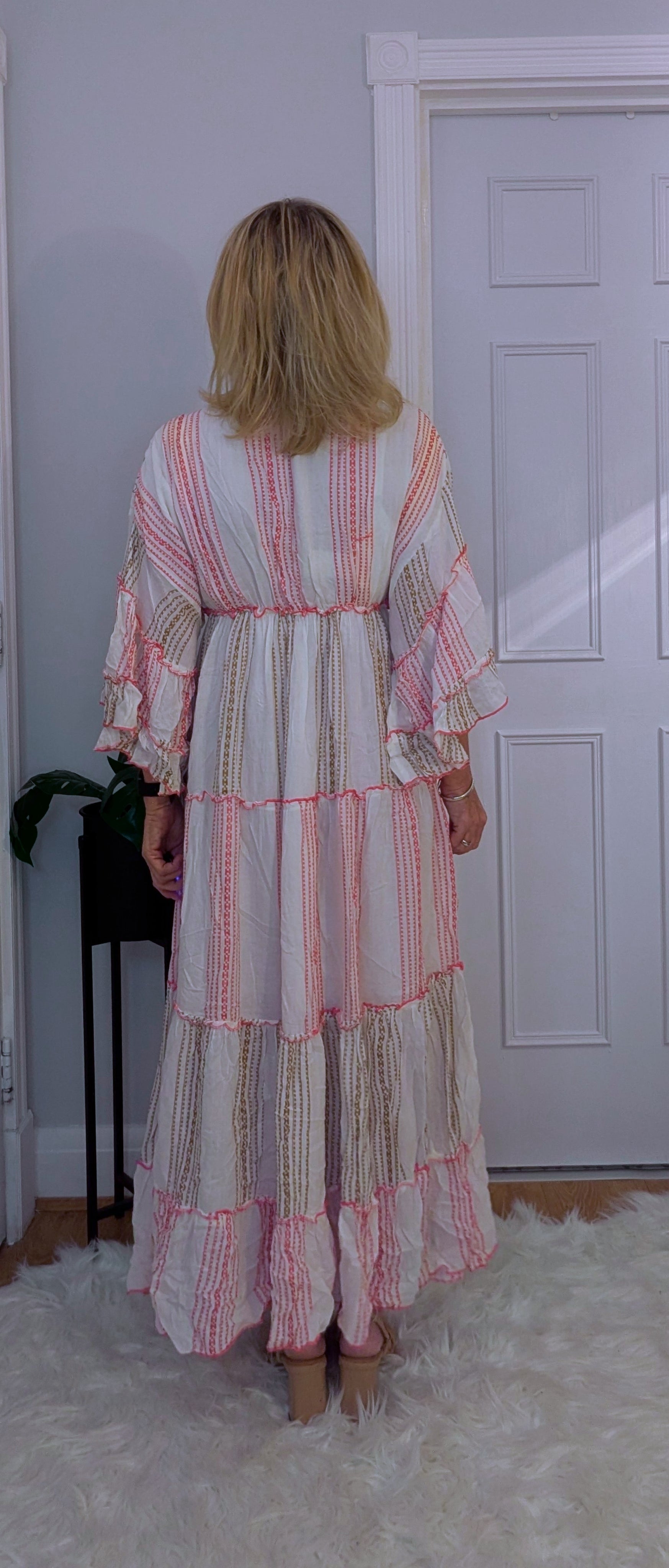 Carla Summer Dress with  Embellished Boho Look in Soft Viscose Pink and White