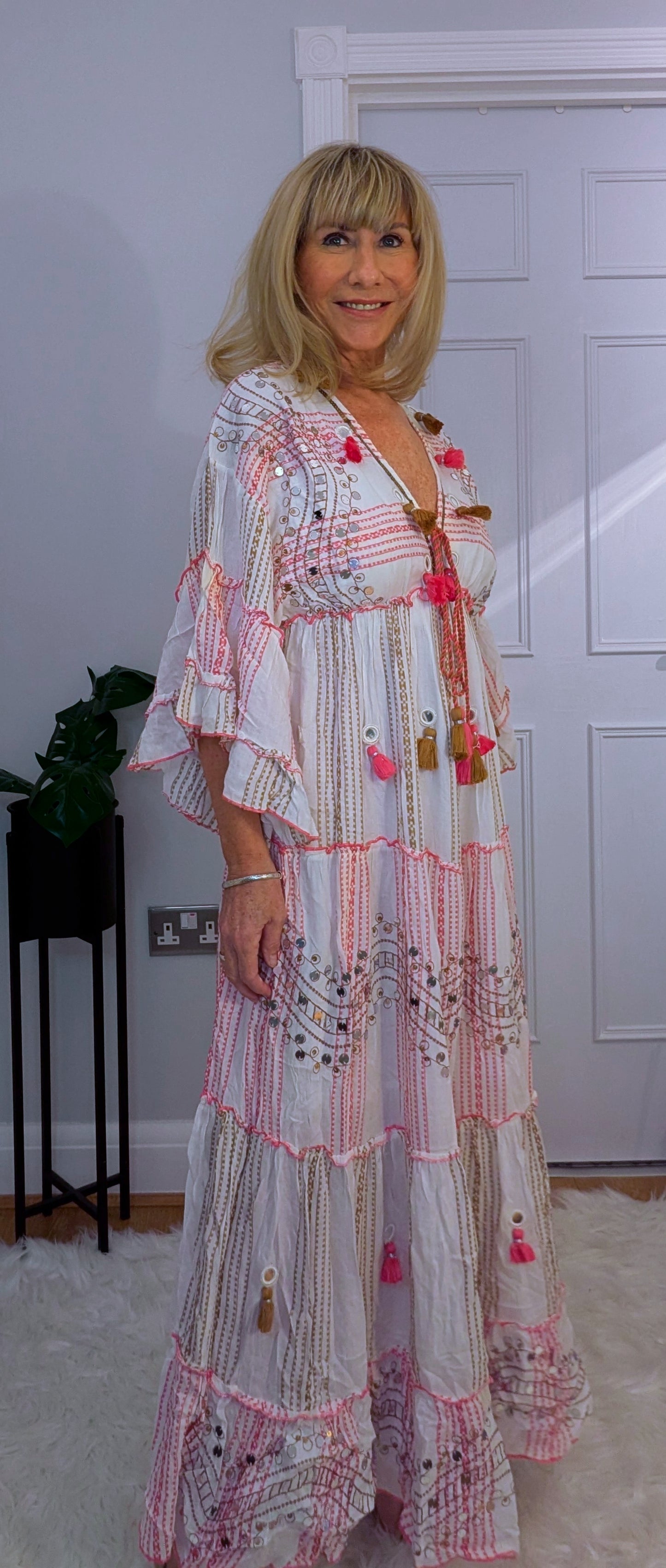 Carla Summer Dress with  Embellished Boho Look in Soft Viscose Pink and White