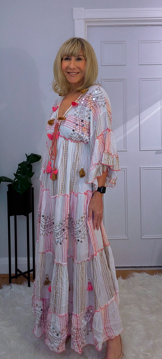 Carla Summer Dress with  Embellished Boho Look in Soft Viscose Pink and White