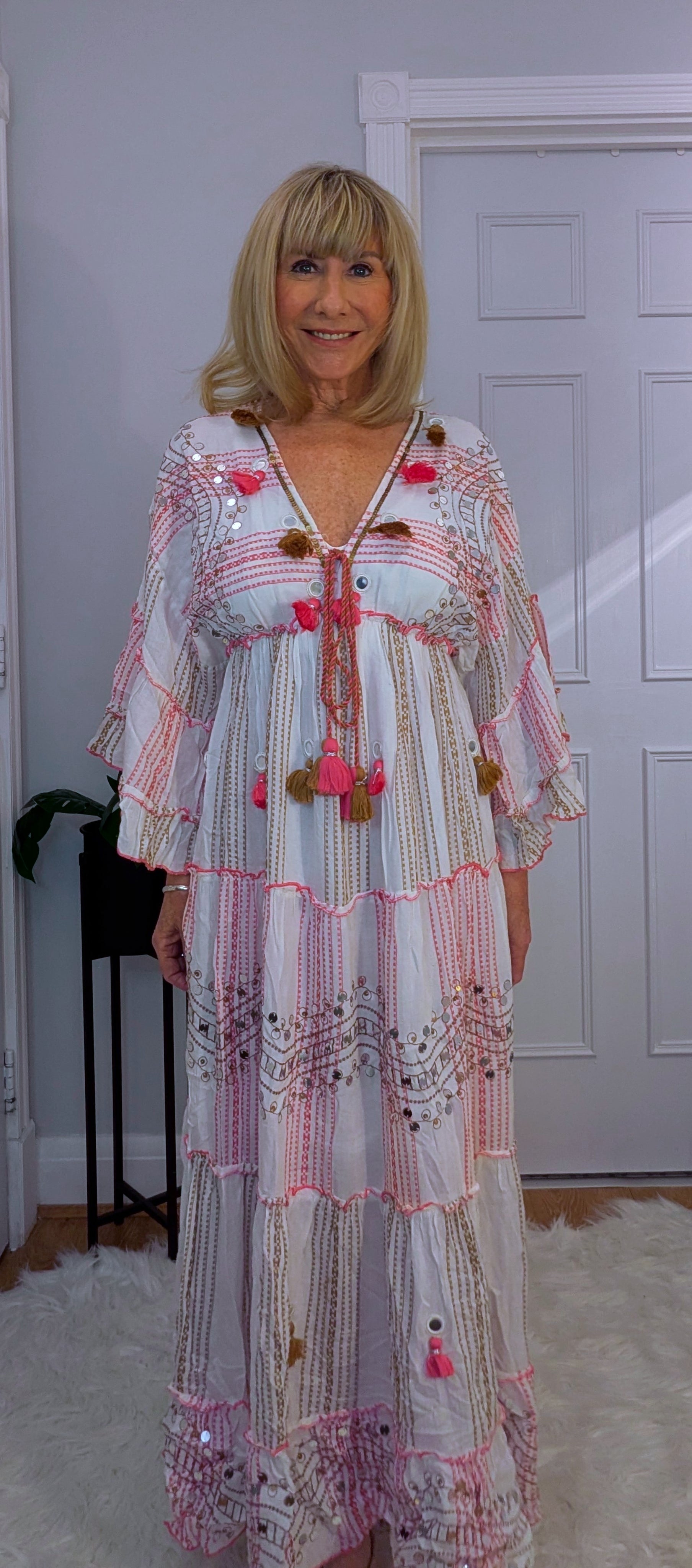 Carla Summer Dress with  Embellished Boho Look in Soft Viscose Pink and White