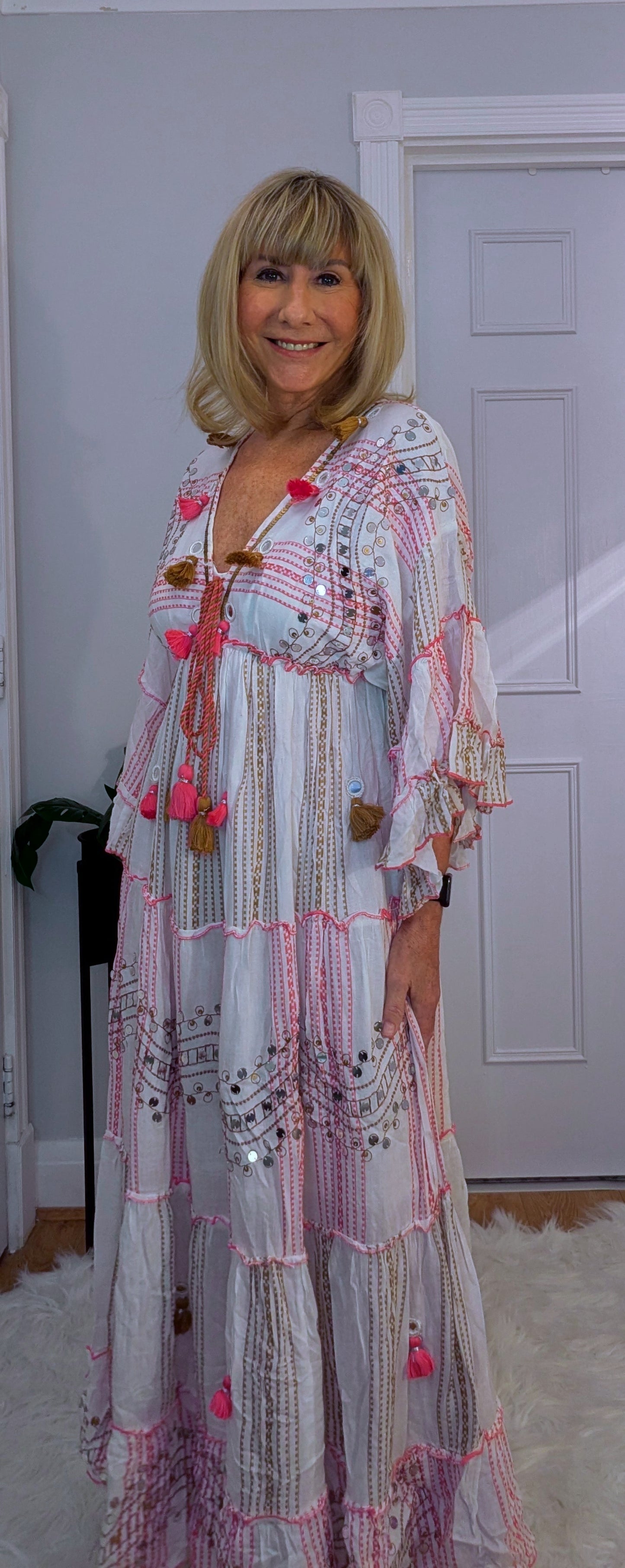 Carla Summer Dress with  Embellished Boho Look in Soft Viscose Pink and White