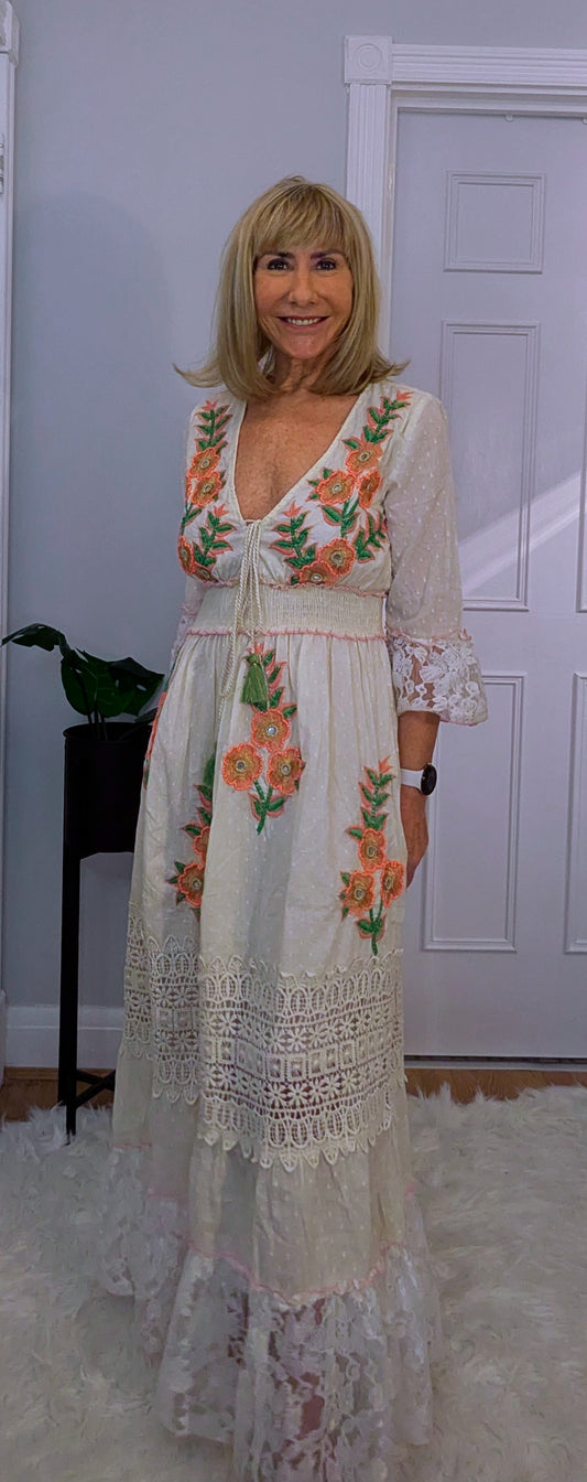 Mirabelle Bohemian Embroidery  in  Ivory Maxi Dress