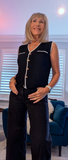 Genevieve Black Sleeveless Cardigan with White Border & Gold Buttons