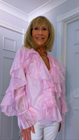 Dahlia Ruffle Blouse – V-Neck Puff Sleeve Top- Pink