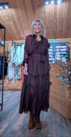 Gloria Coffee Tiered Dress – 3D Flowers & Tie Belt