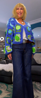 Fia Chunky Crochet Cardigan-– Blue & Green with 3D Flowers