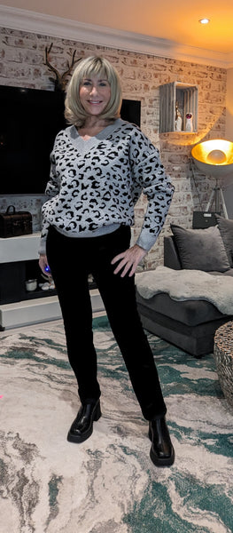 Lainey Leopard Print Soft Knit Sweater  Grey