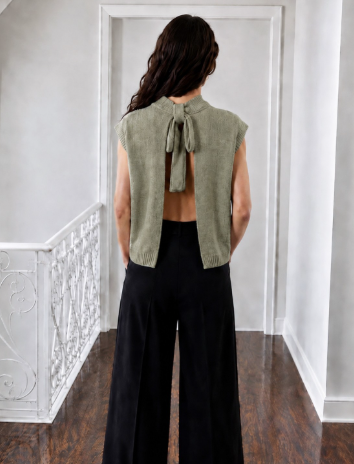 Colleen Olive Wool blend cardigan with tie neck from the back