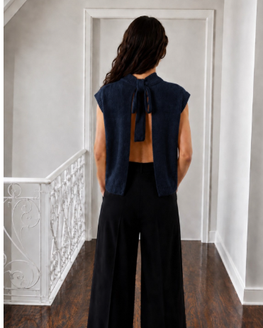 Rear view of Colleen sleeveless cardigan with back ties