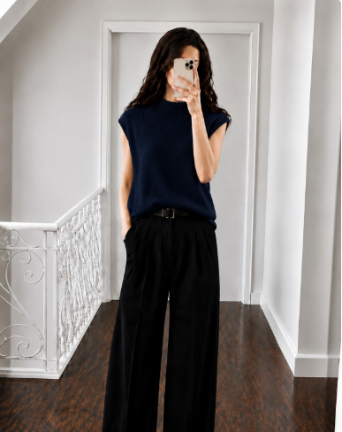 Colleen Navy Wool blend cardigan with tie neck 