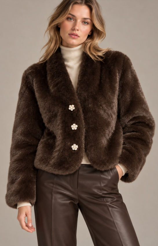 Bessie chocolate faux fur jacket with a wide collar and flower-shaped jewel buttons, styled with a cream roll-neck top and brown trousers