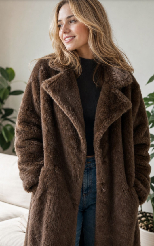 Model wearing the Nova chocolate faux fur coat with a black top and blue jeans