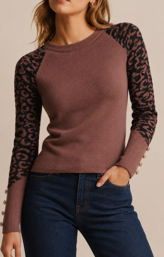 Supplier screenshot showing the Julia chocolate sweater with leopard print raglan sleeves, a round neckline and gold-tone cuff buttons
