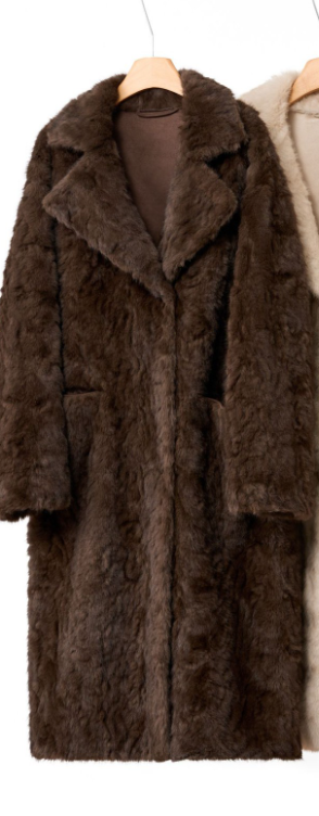 Front view of the Nova chocolate faux fur coat on a hanger, showing wide lapels and long sleeves