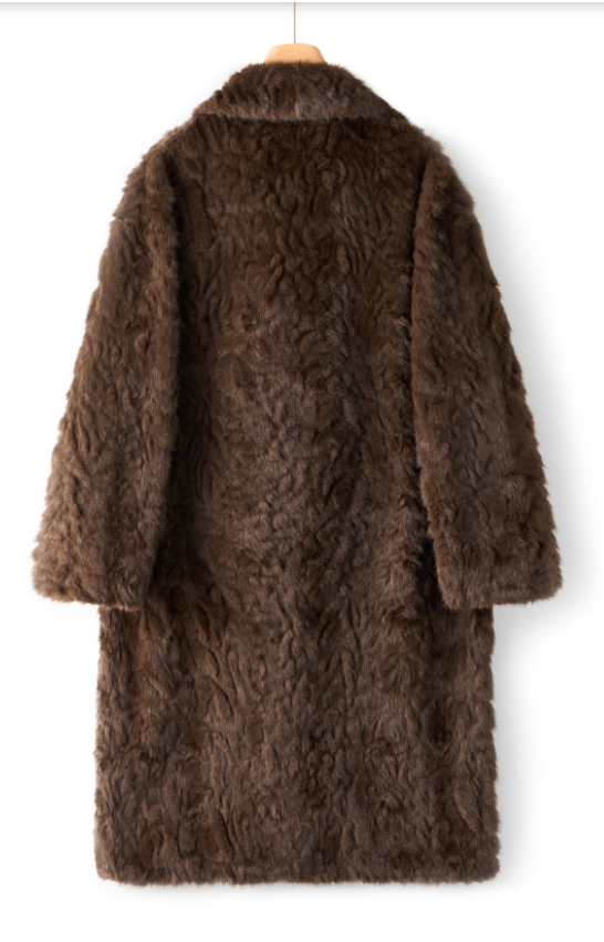 Back view of the Nova chocolate faux fur coat, showing its textured finish and straight silhouette