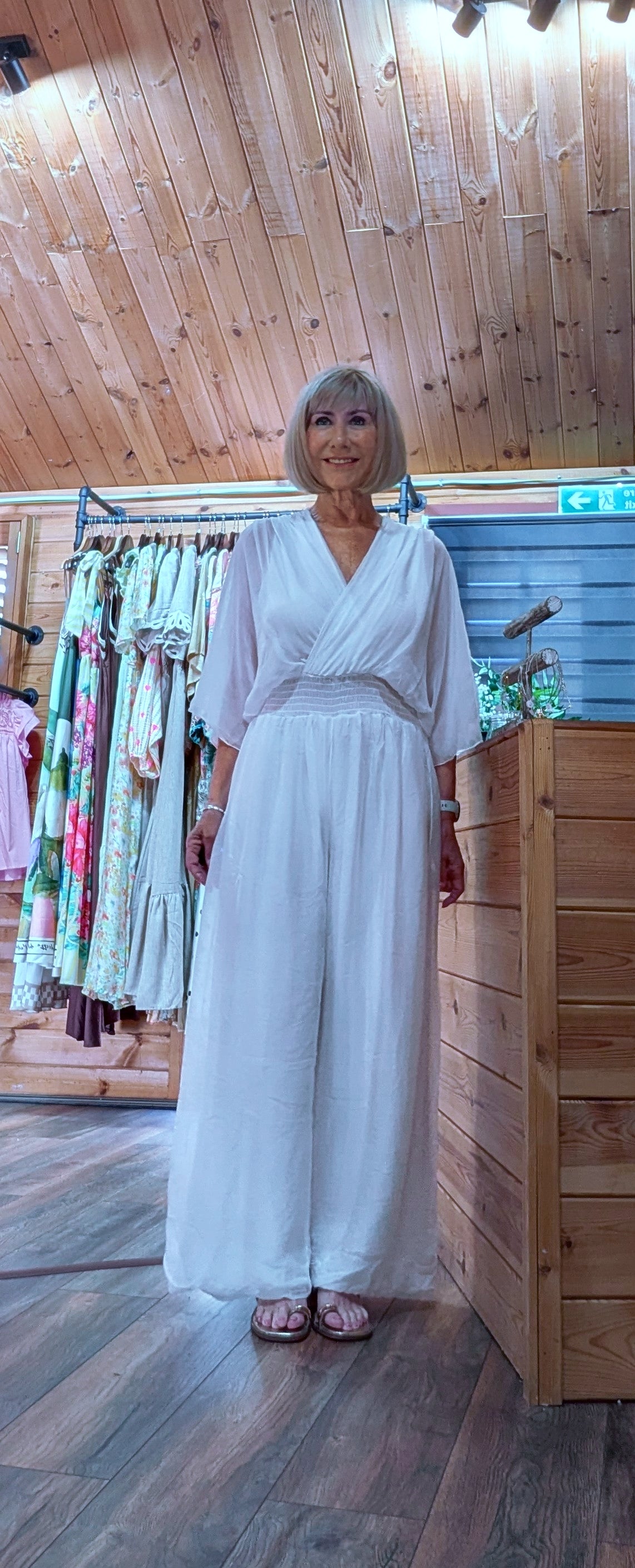 White  silk jumpsuit boho style outfit 
