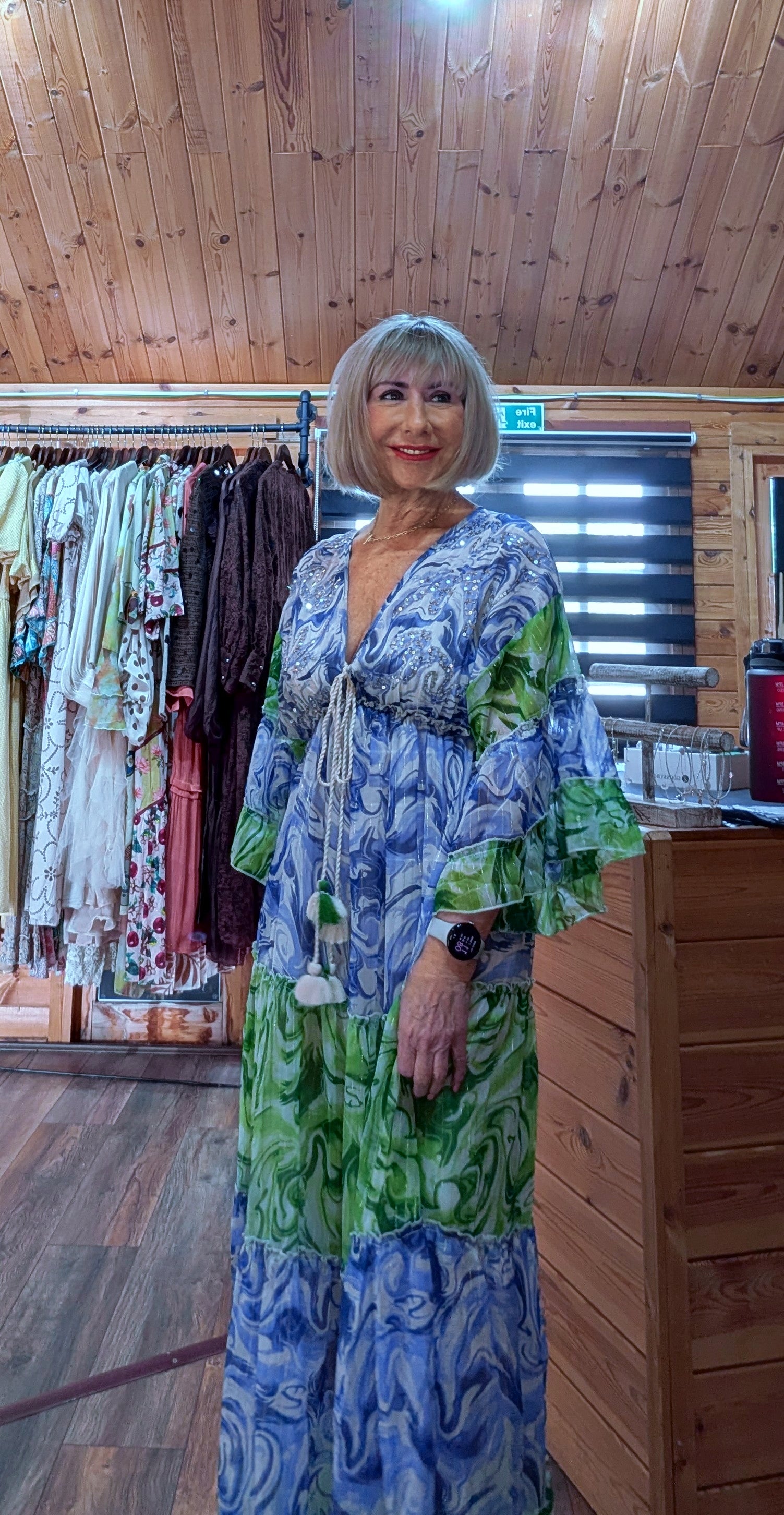 Lyla Bohemian Maxi Dress Green and Blue - Sequins and Tassels