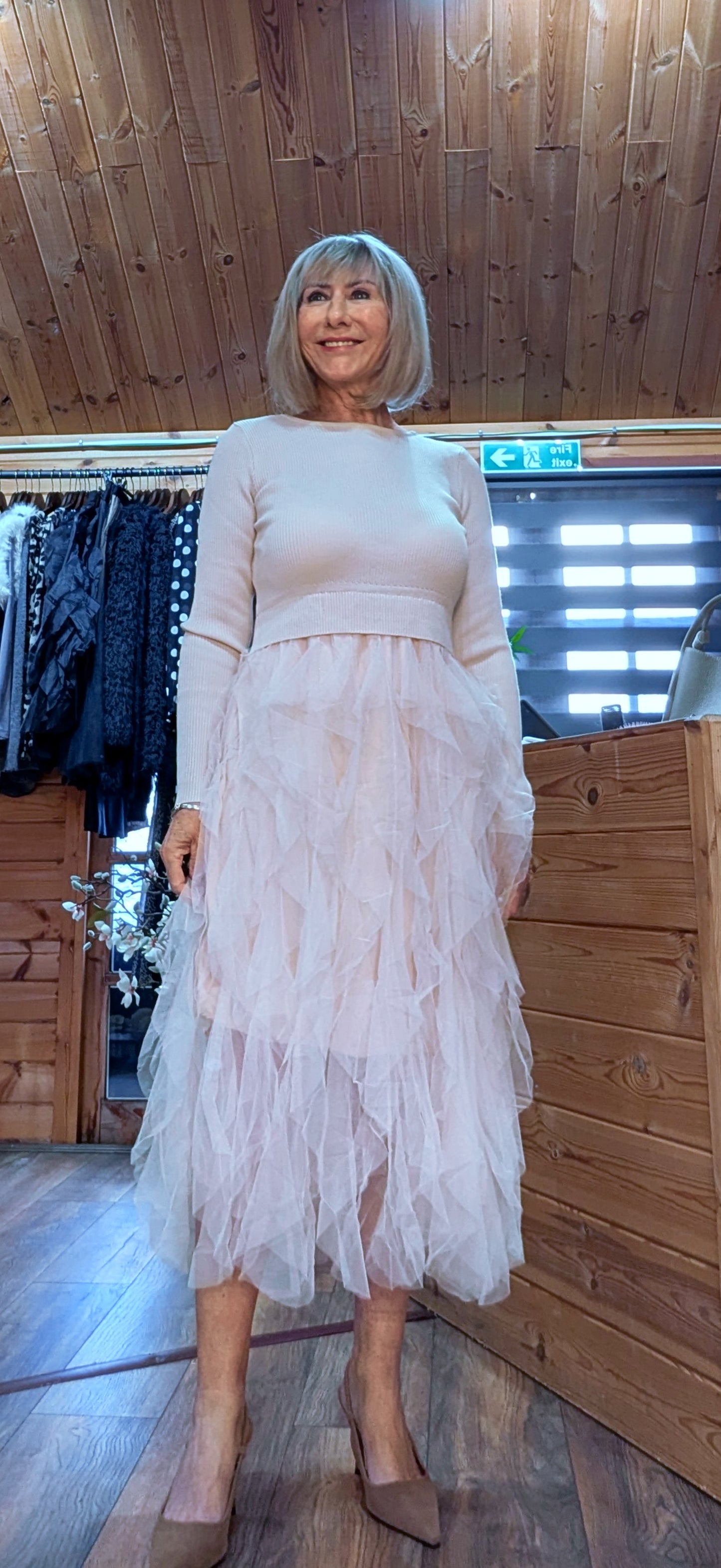 Storm Tulle Dress  with Waterfall Tutu Skirt in Taupe Long sleeves