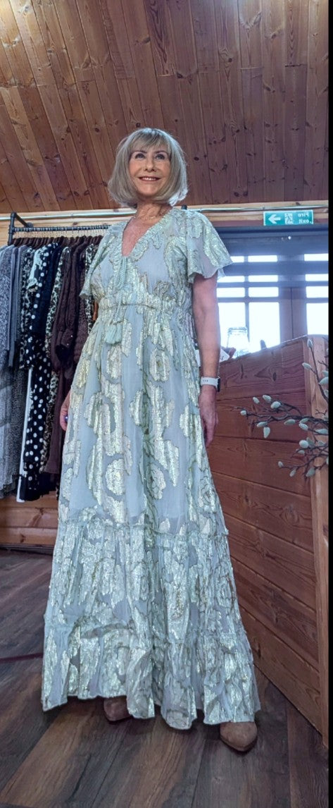 Sage green gold embossed occasion dress by ditsydi