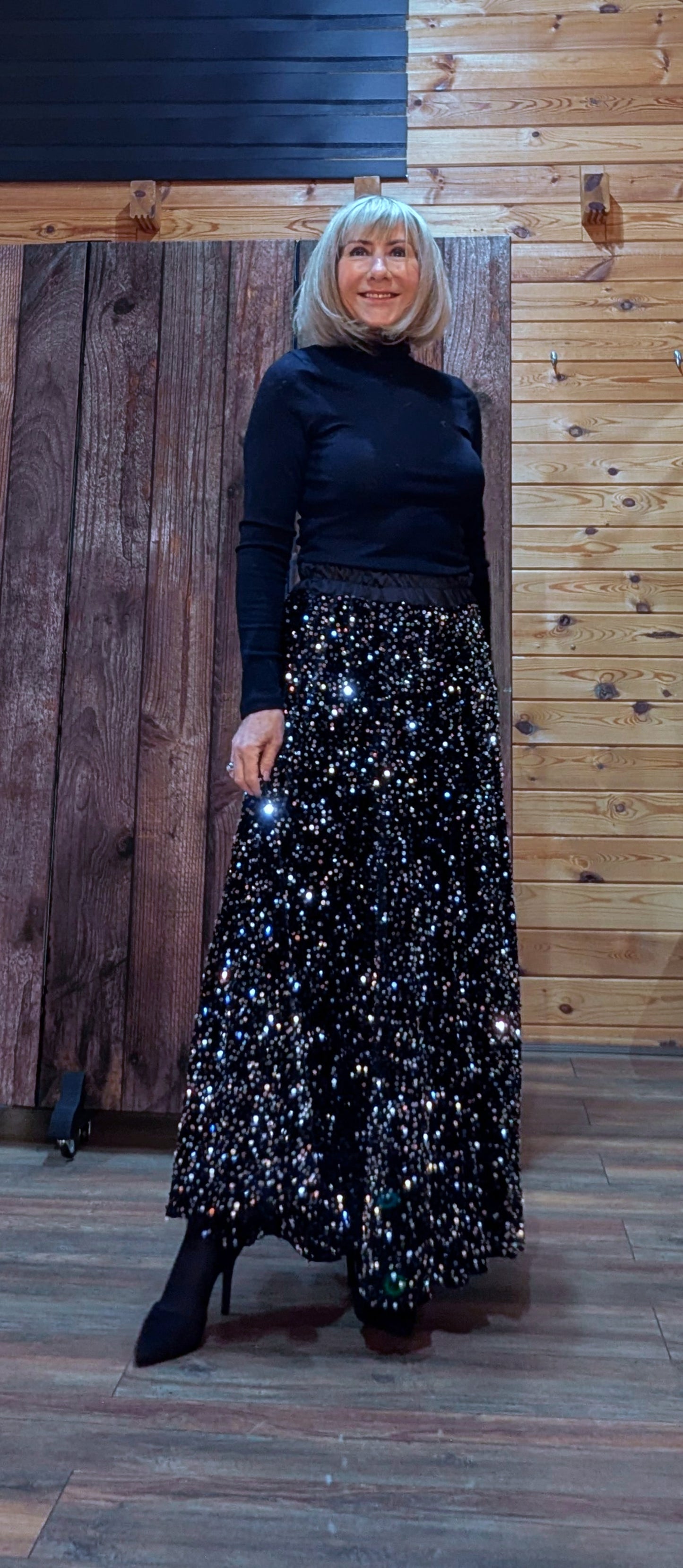 Noelle Black Sequin  Flared Skirt- Silky Elasticated Waist Band