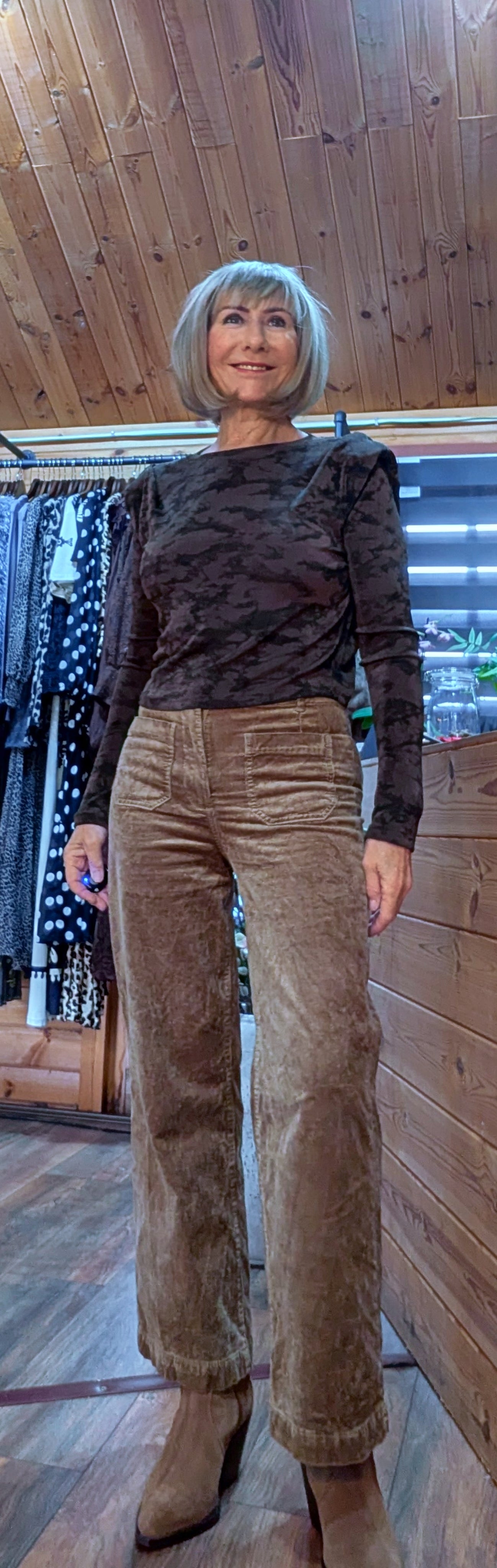 Madeline Lurex Tie-Dye Top – Warm Chocolate with Shoulder Pads