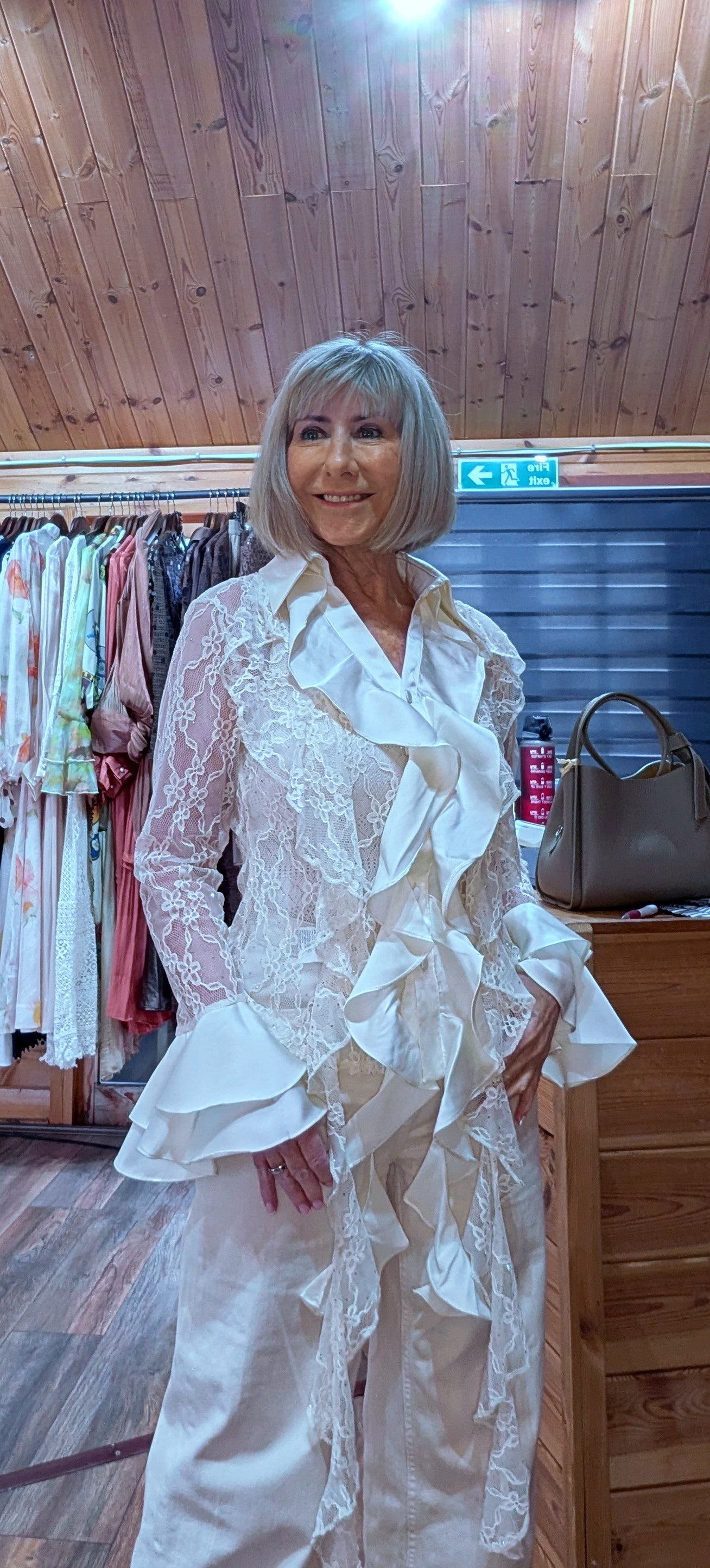 Cream Lace Blouse – Satin - Sequins - Ruffle Detail -Flared Sleeves styled by ditsydi