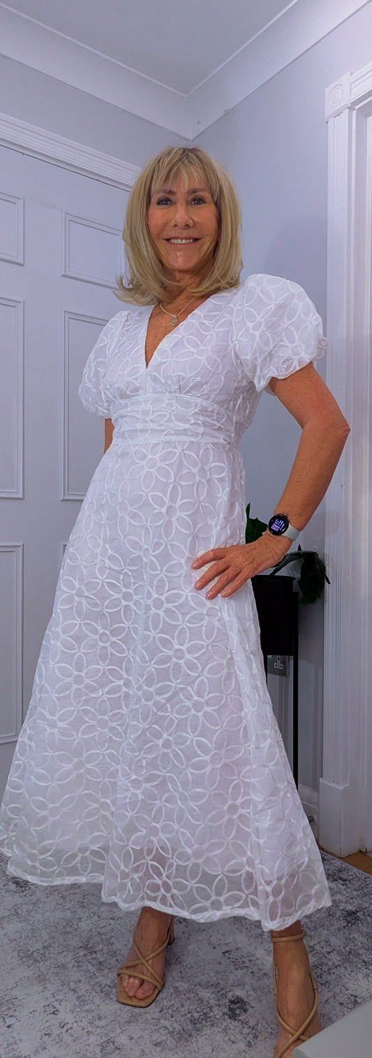 Blanche White Prairie Dress Embossed with  Puff Sleeve