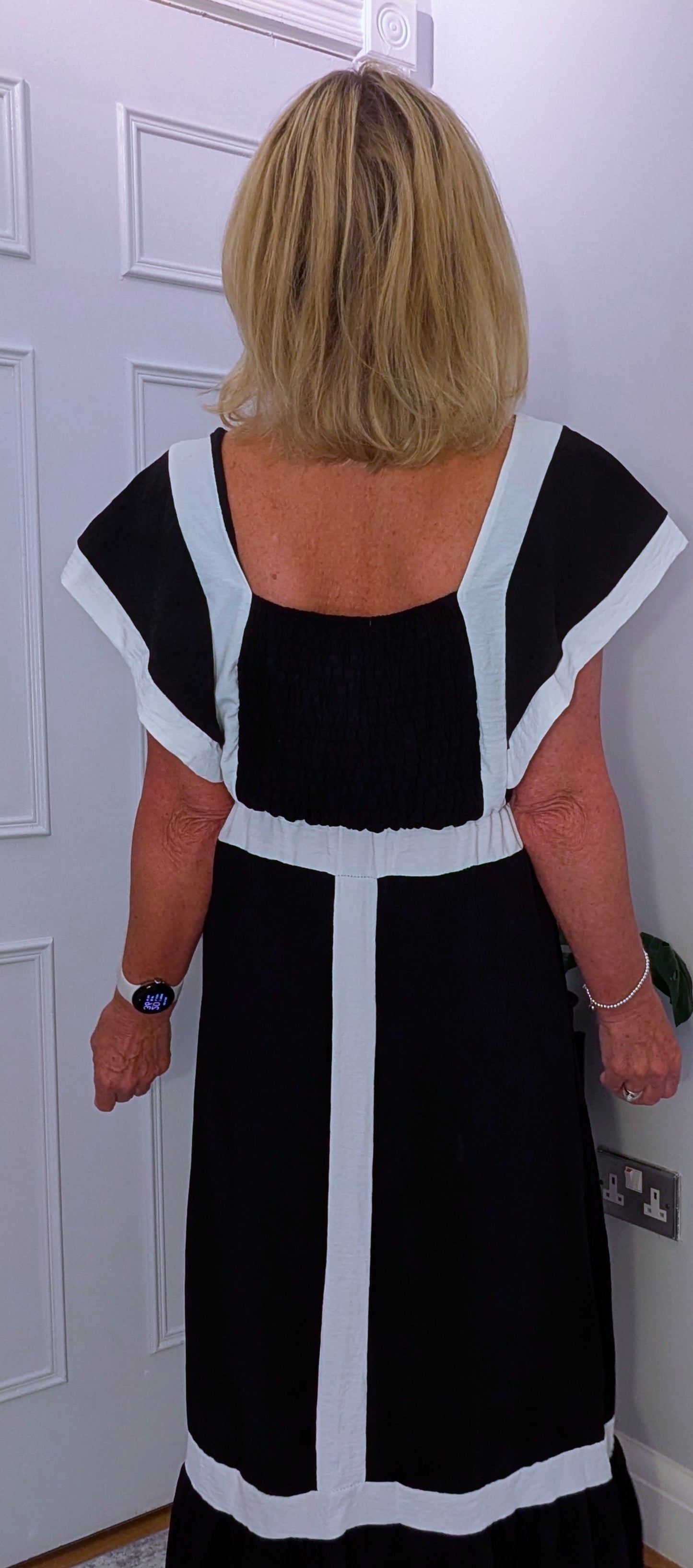 Waverley  Dress – Black Midi Dress with White Block Edge