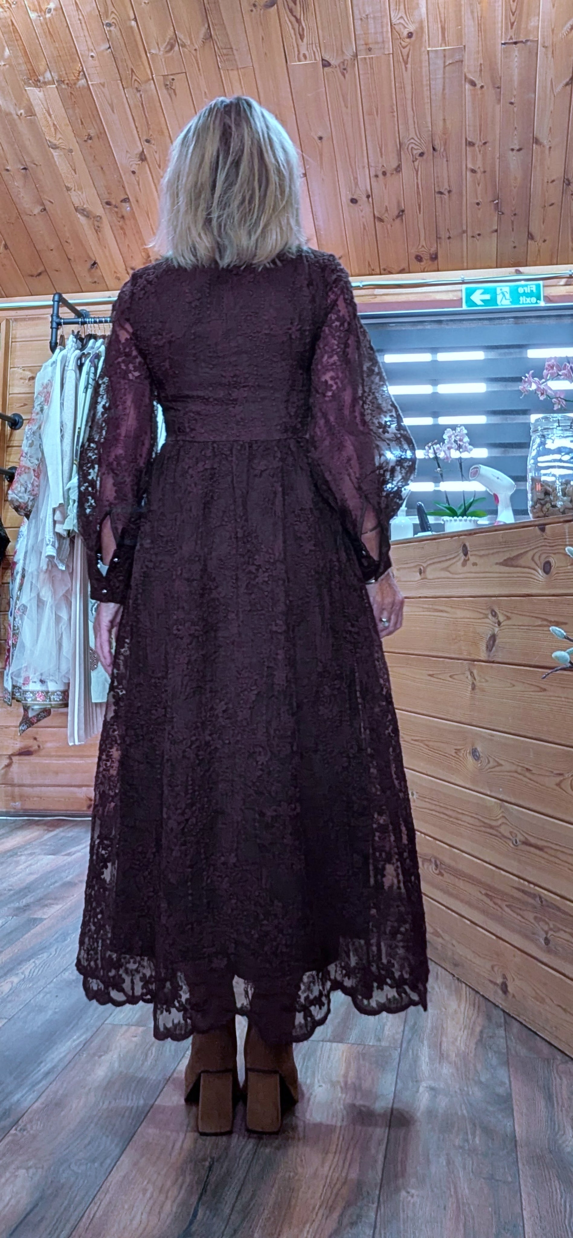 Marsha Coffee Lace Smock Dress – Pearl Button Front - Grandad Collar