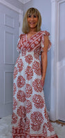 Nolan Boho Maxi Dress –Pink & Ecru, Flutter Sleeves, Elasticated Waist