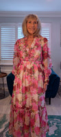 Luna Floral Crepe Maxi Dress – Pink & Green with Frill V-Neck
