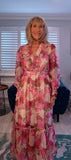 Luna Floral Crepe Maxi Dress – Pink & Green with Frill V-Neck