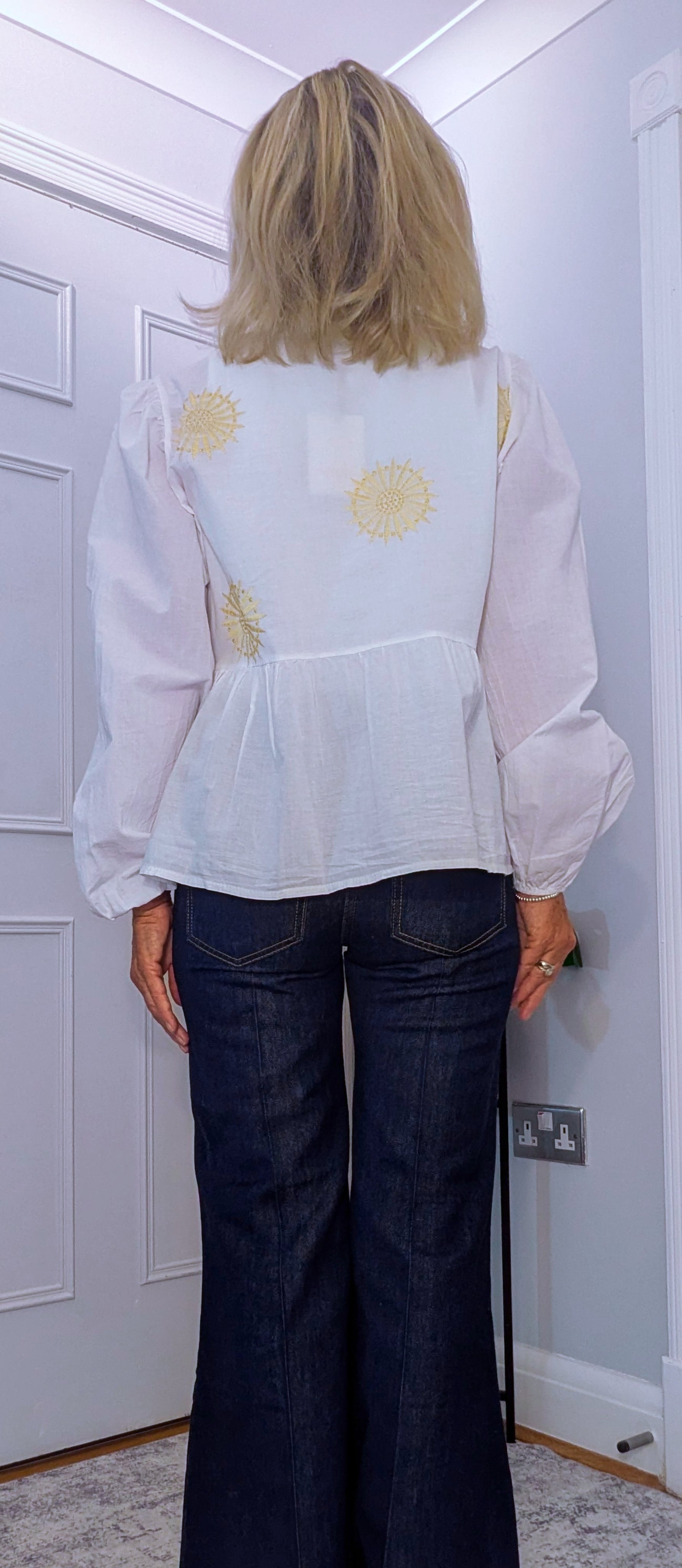 Melanie Cotton Smock Blouse – White or Cream with Gold Embroidery