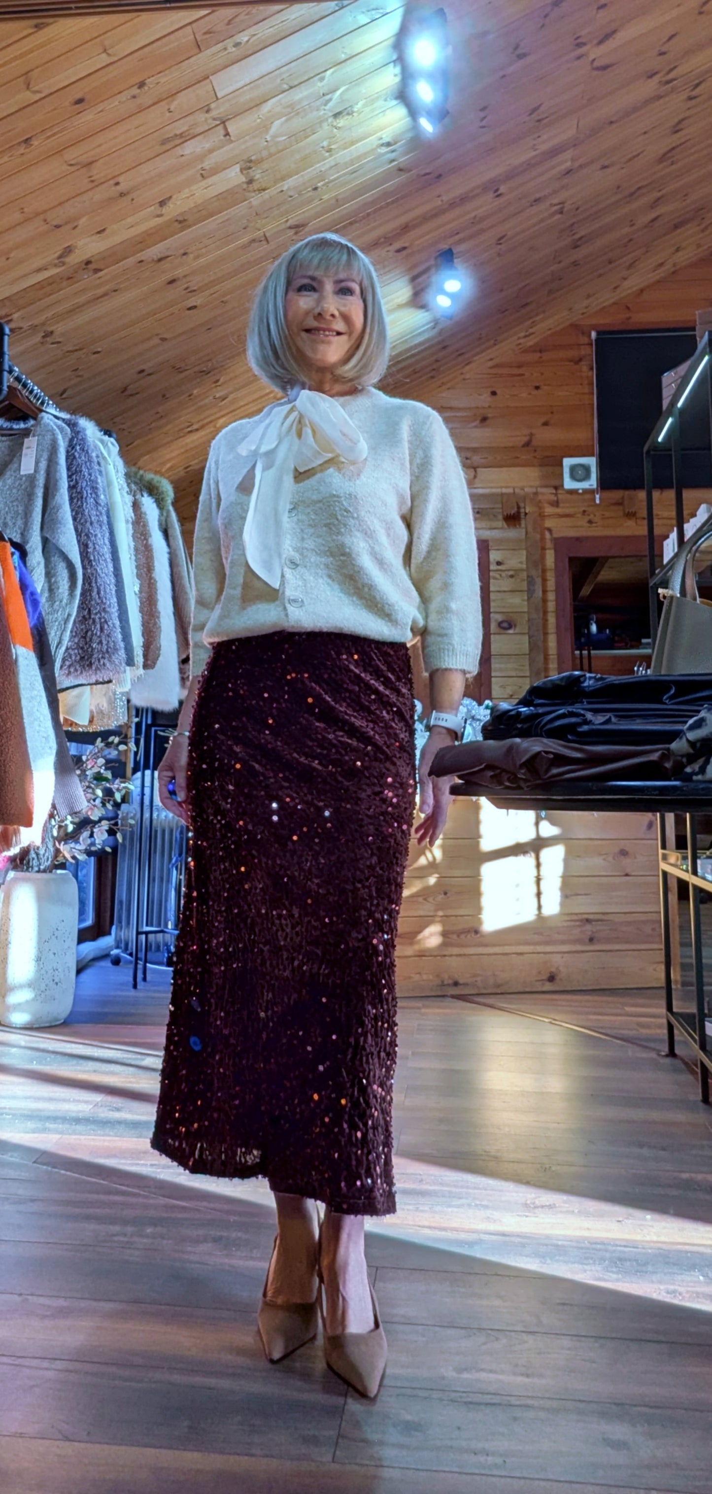 Astrid Sequin Bias Cut Skirt – Chocolate Brown/ Black with Silk Waistband