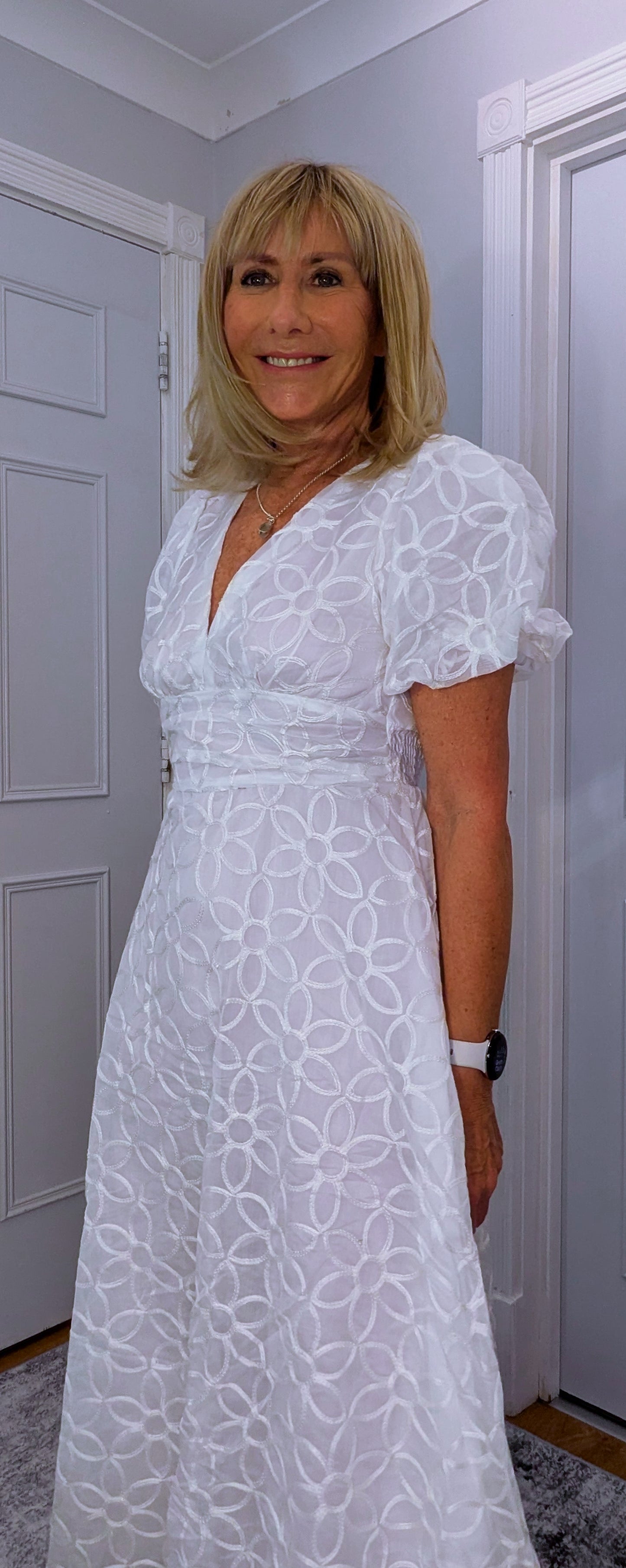 Blanche White Prairie Dress – Embossed Puff Sleeve Elegance