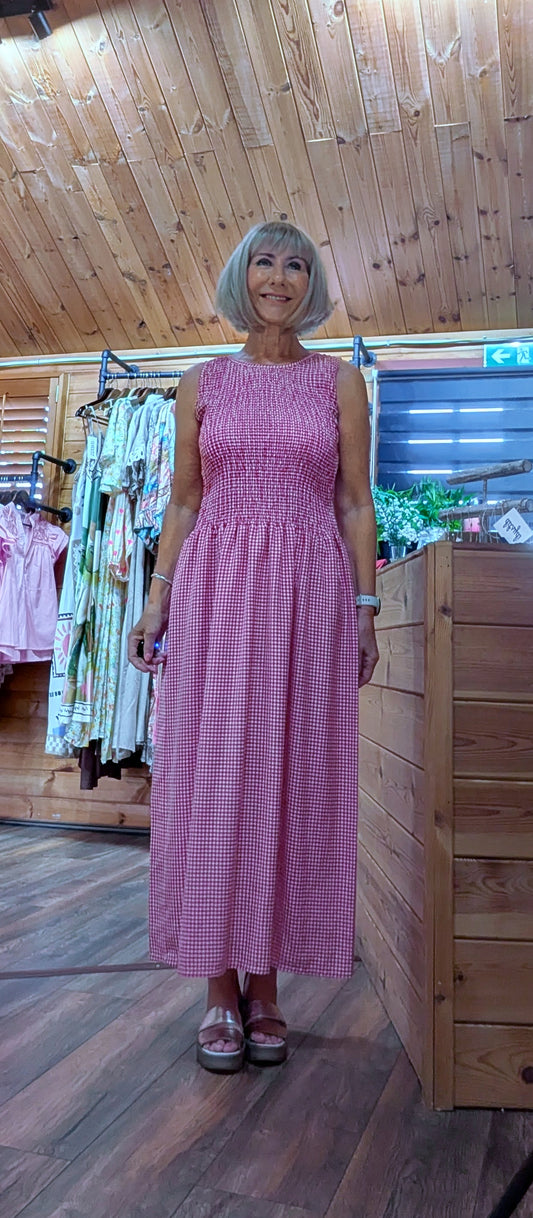 Izzy Red Gingham Shirred Dress 