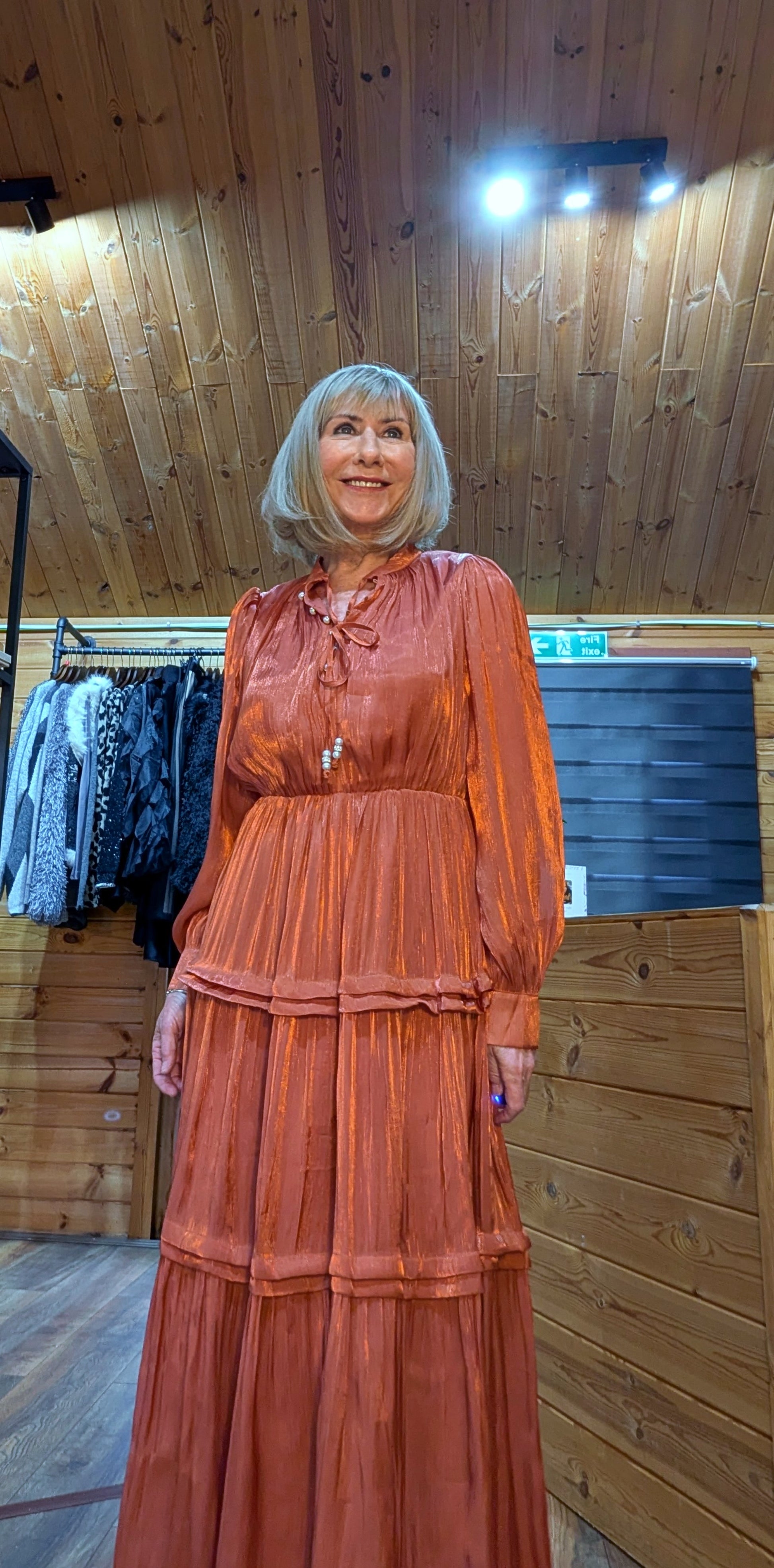 Rust occasion midi dress with tie neck detail