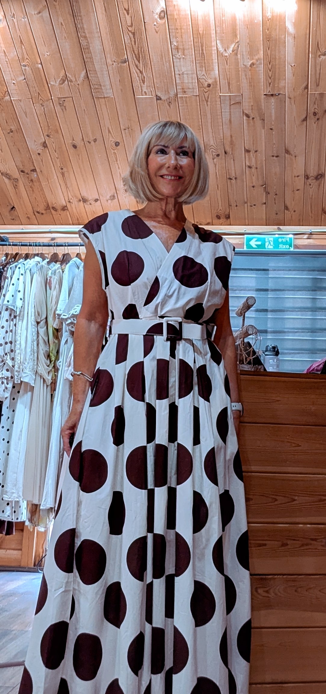 Hilary Polka Dot Belted Maxi Dress – Cream & Brown