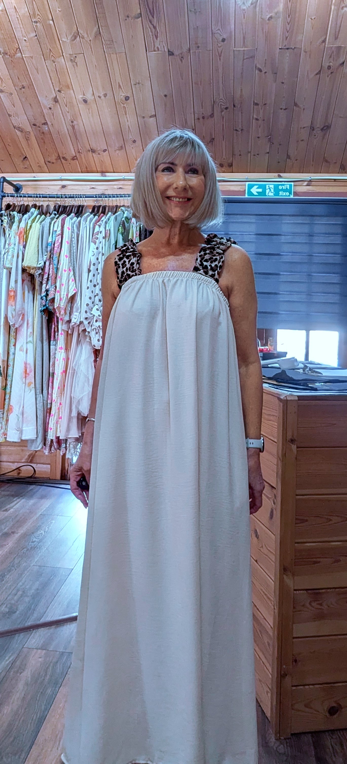 Roo beige maxi dress with elasticated shoulder straps