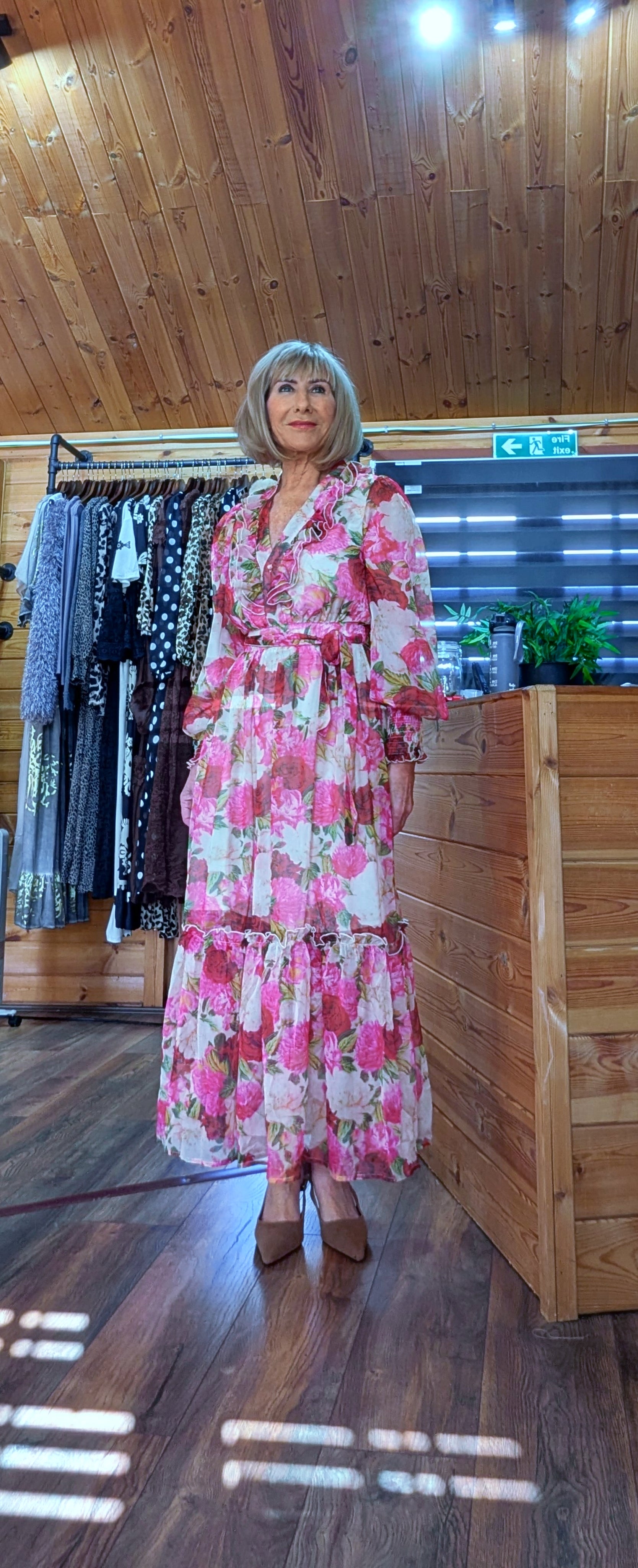 Luna Floral Crepe Maxi Dress in Pink- Green with Frill V-Neck