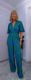 Justina Tropical Green - Fuchsia -Angel Sleeve Maxi Jumpsuit with Twist Detail