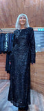 Juno Black Sequin Dress – Scoop Back with Pagoda Sleeves