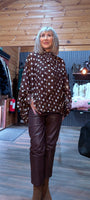 Phoebe Brown & White Polka Dot Blouse – Tie Neck & Balloon Sleeves
