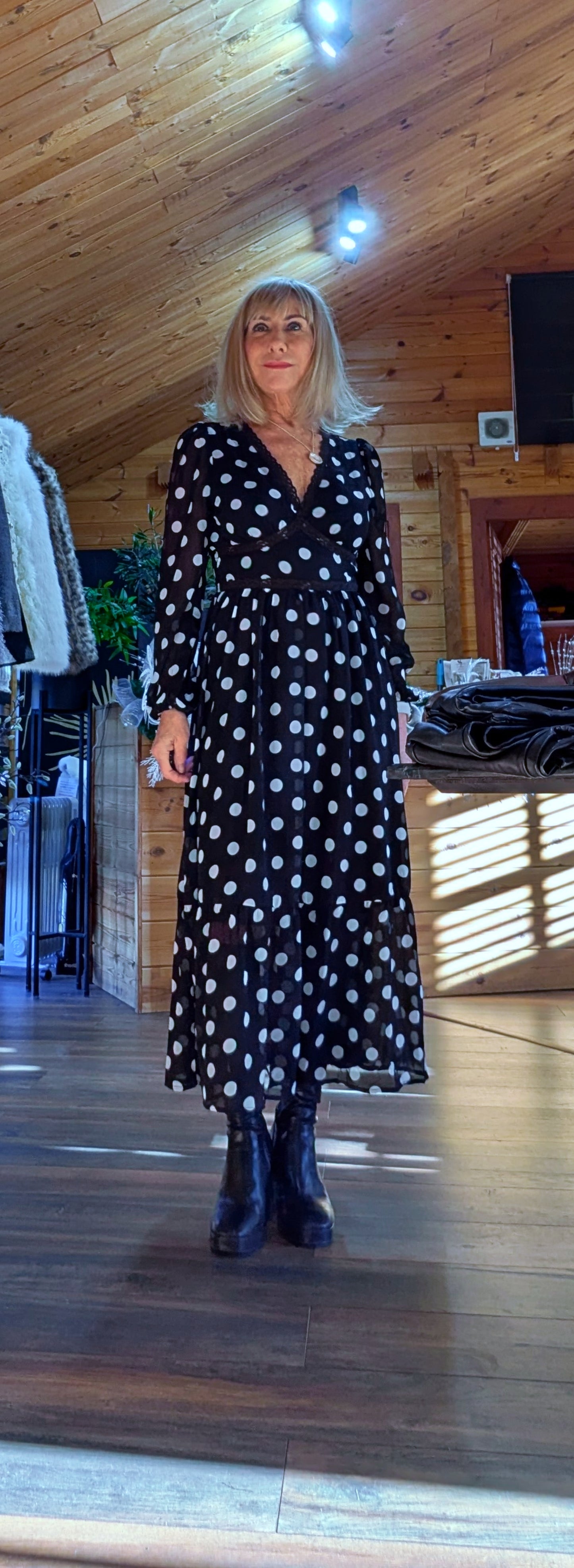 Hazel Polka Dot Print Lace Trim Long Sleeve Midi Dress In Black