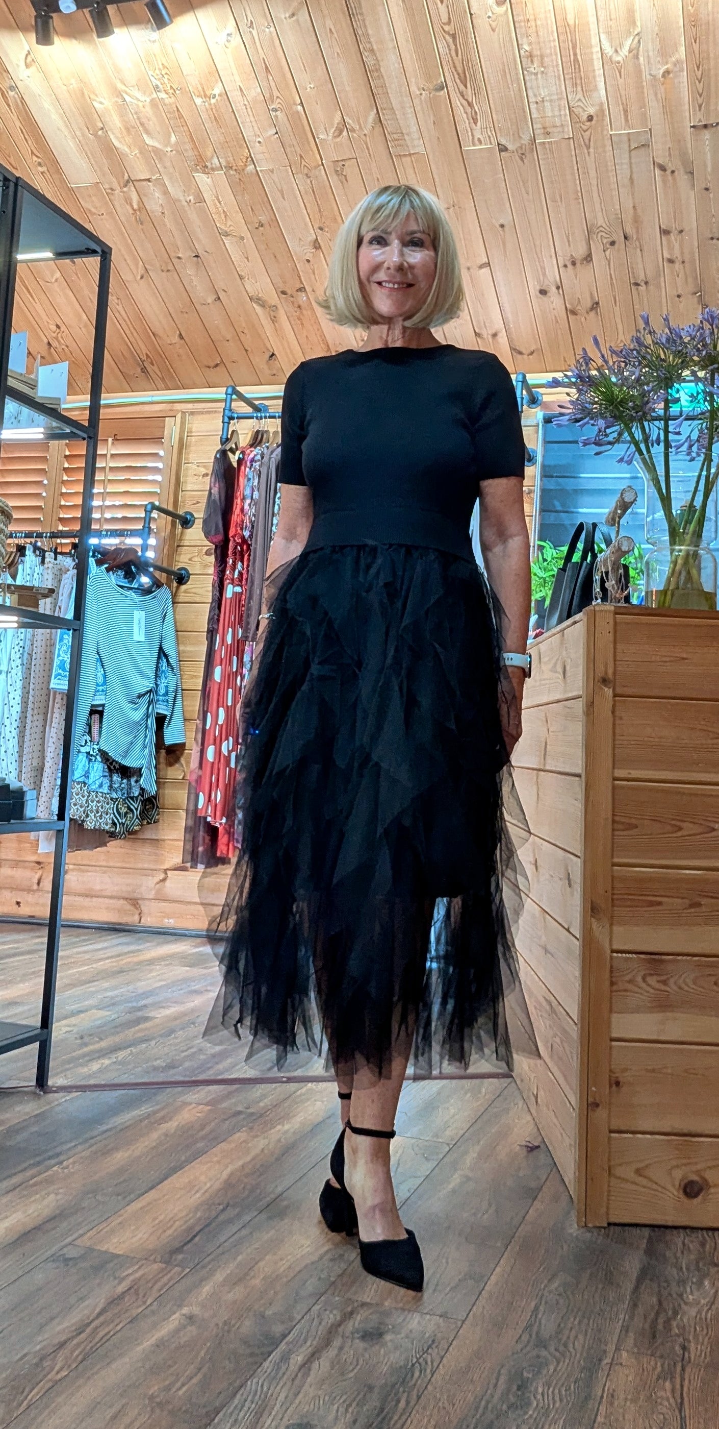 Full length of Storm Tulle dress with tutu skirt and short sleeve knit 