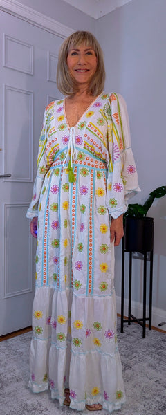 Julia White Bohemian Dress with Floral Embroidery
