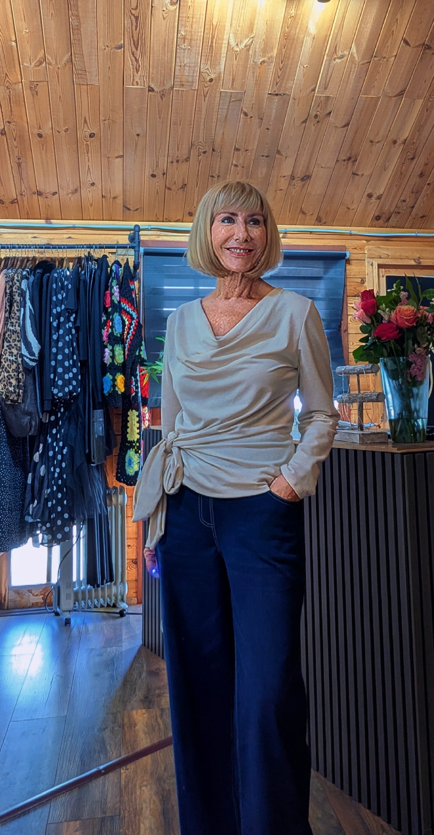 Freya beige  stretch top with soft neckline and side tie